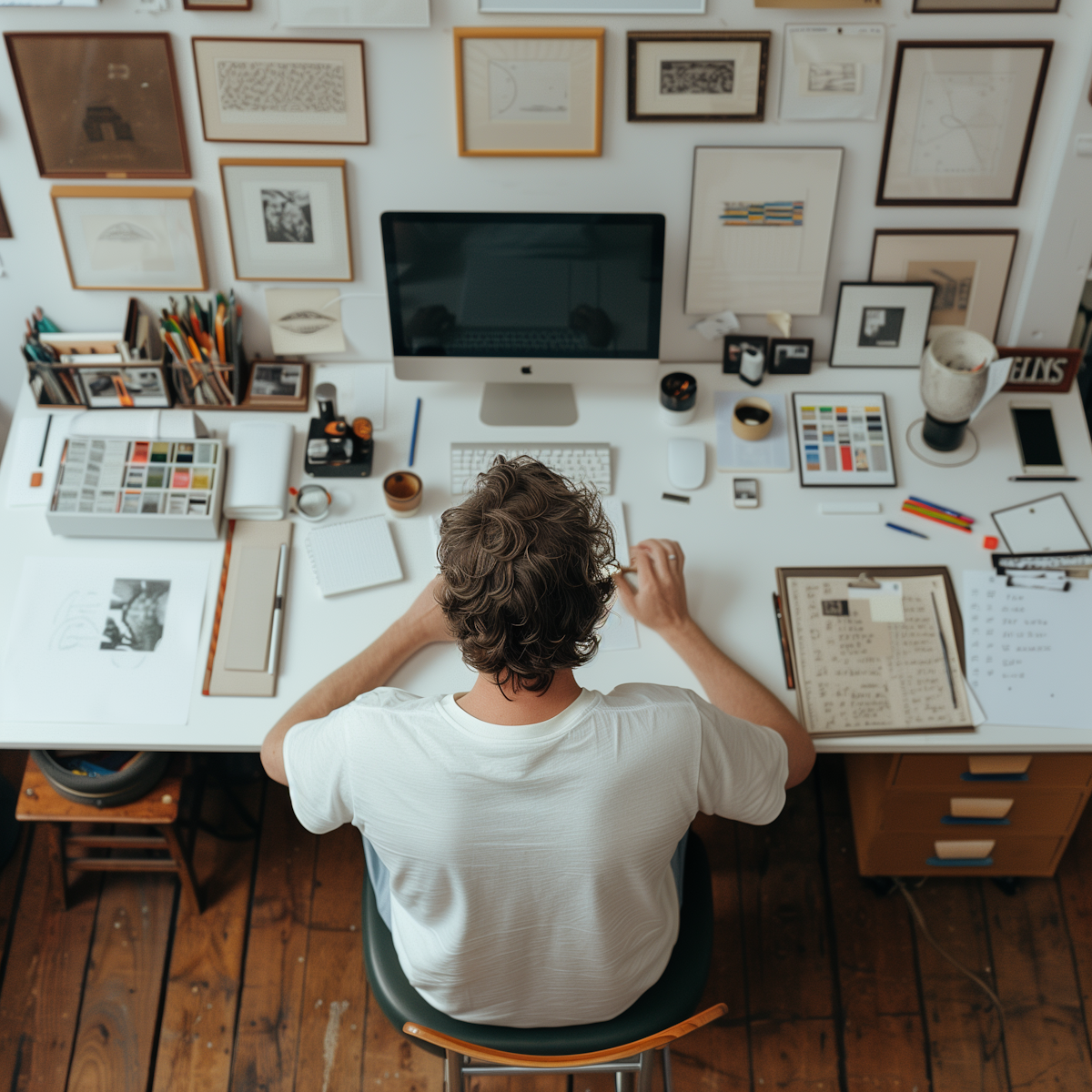 A person with brown curly hair working at a cluttered white desk, viewed from above. The desk has a computer, notebooks, art supplies, and various office items. The background wall has framed artwork and photographs.