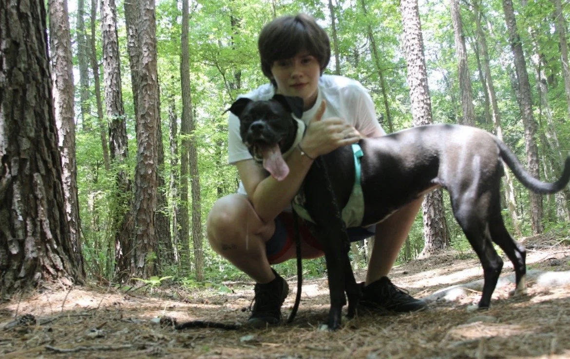 A woman and a large black and white dog with a muscular build in a forest with tall trees and green foliage.