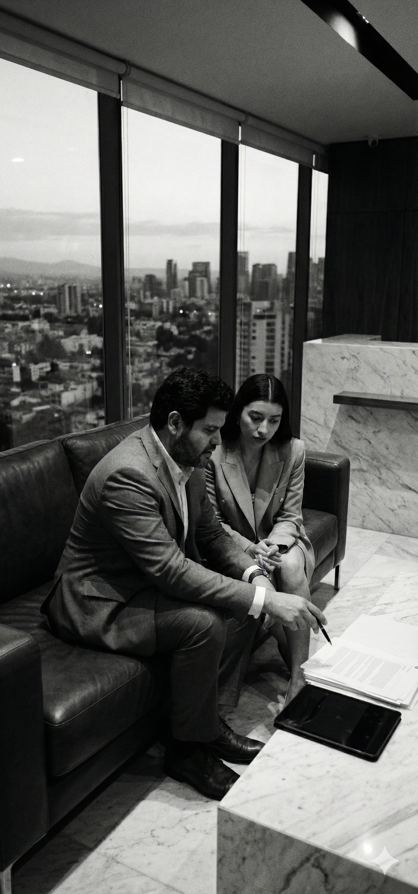 Valeriano y Mónica son dos abogados que revisan papeles en una mesa