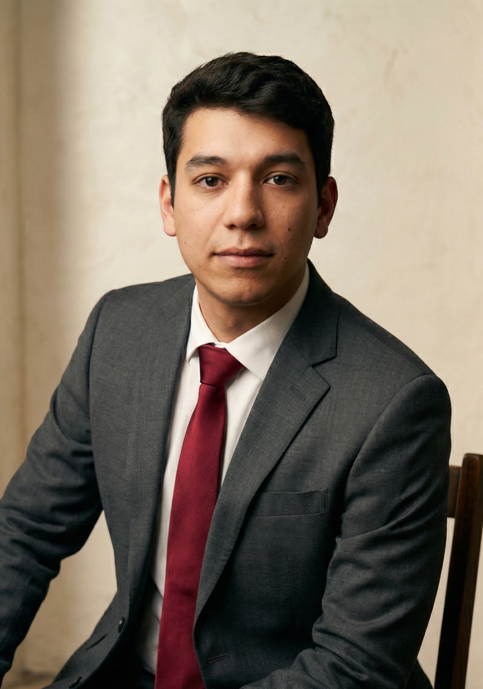 Brian Sentado con traje gris y corbata roja