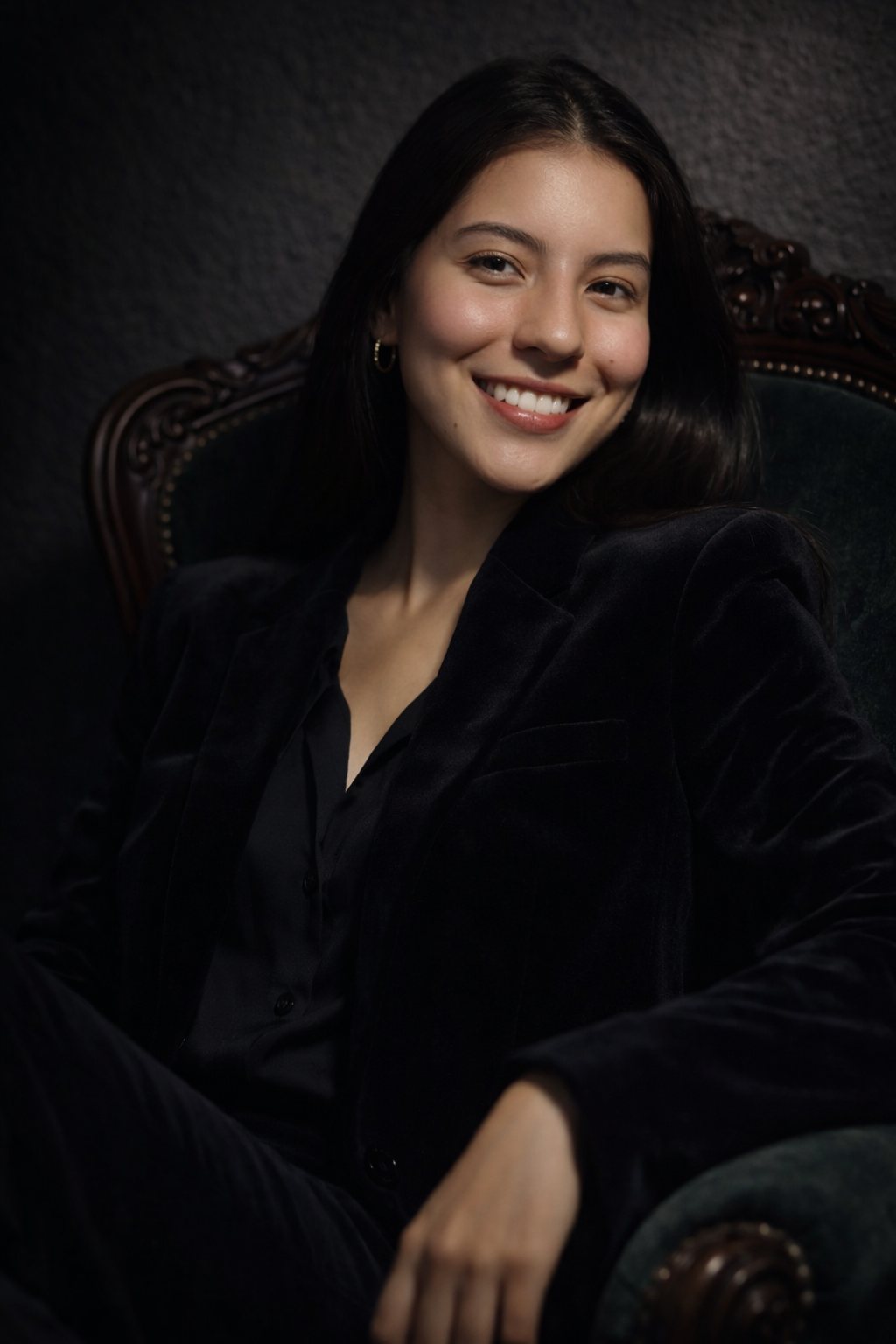 Rut está sentada y relajada mientras sonríe a la cámara