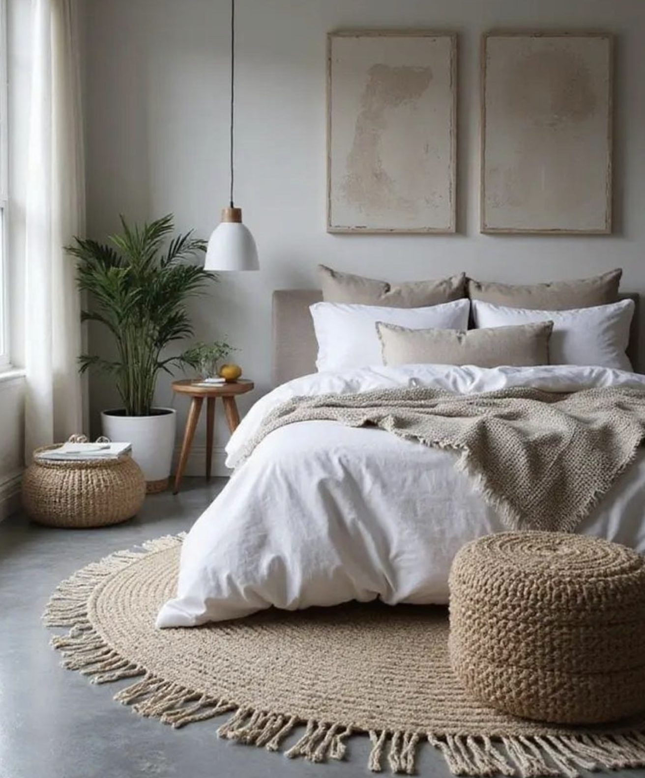 A cozy bedroom with a white bed, beige pillows, a beige blanket, a round woven rug, a pouf, a potted plant, a wooden side table with a lemon and a small plant, hanging pendant light, and abstract artwork above the bed.