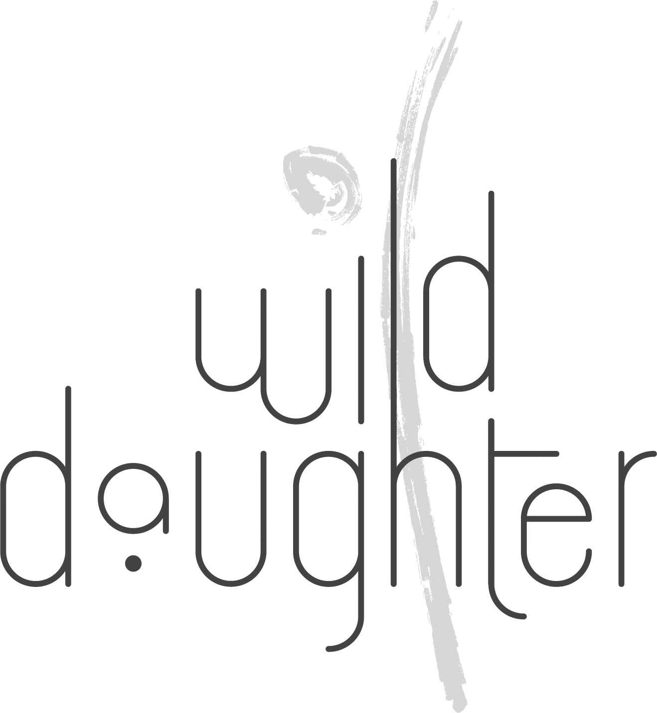 A black background with gray text reading 'wild daughter' mixed with a gray flower stem and a spiral, abstract flower shape.