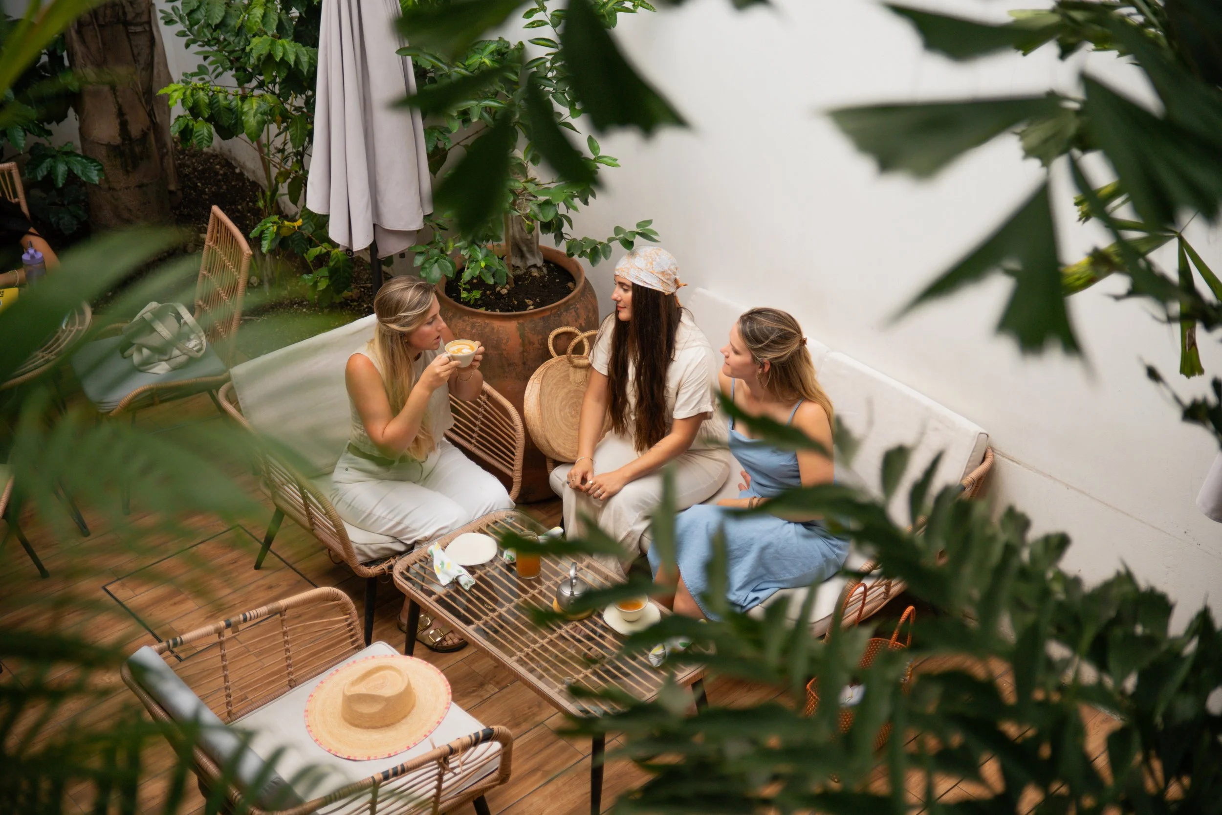 Three women having a conversation in a cozy outdoor patio, surrounded by green plants and wooden furniture.