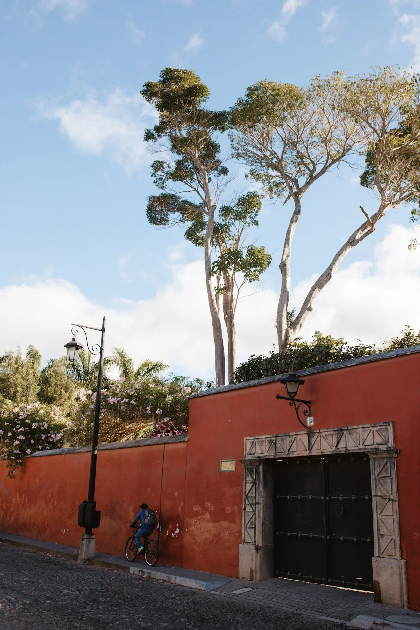 A man riding a bike along a sidewalk beside an orange wall with a large black gate, street lamp, trees, and blue sky in the background.