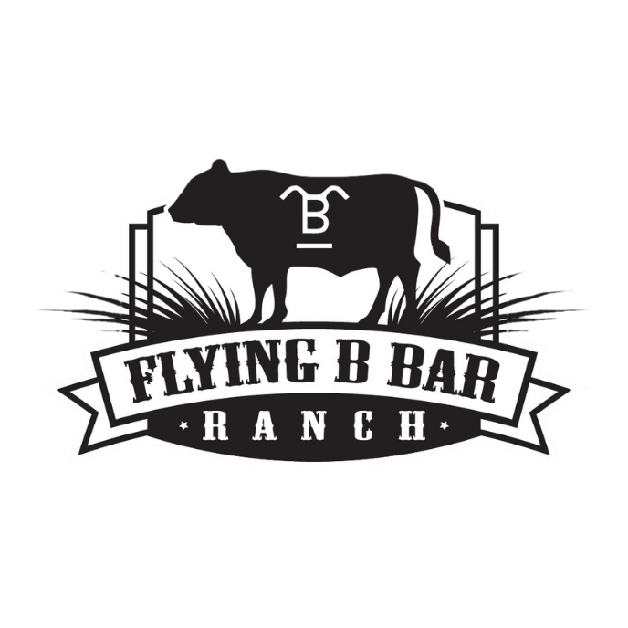 Logo for Flying B Bar Ranch featuring a black silhouette of a bison with a stylized 'B' on its side, surrounded by grass and a banner with the ranch name.
