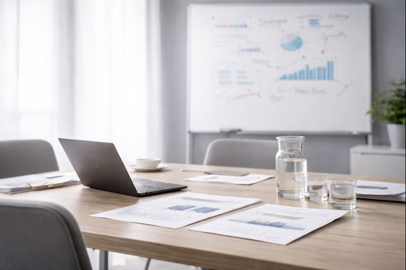 Empty business conference room with documents, laptop, and water pitcher on the table, whiteboard with charts in the background.