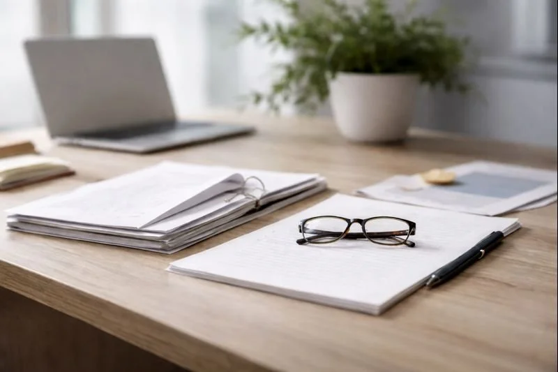 Desk with glasses, pen, papers, a closed notebook, an open laptop, and a potted plant.