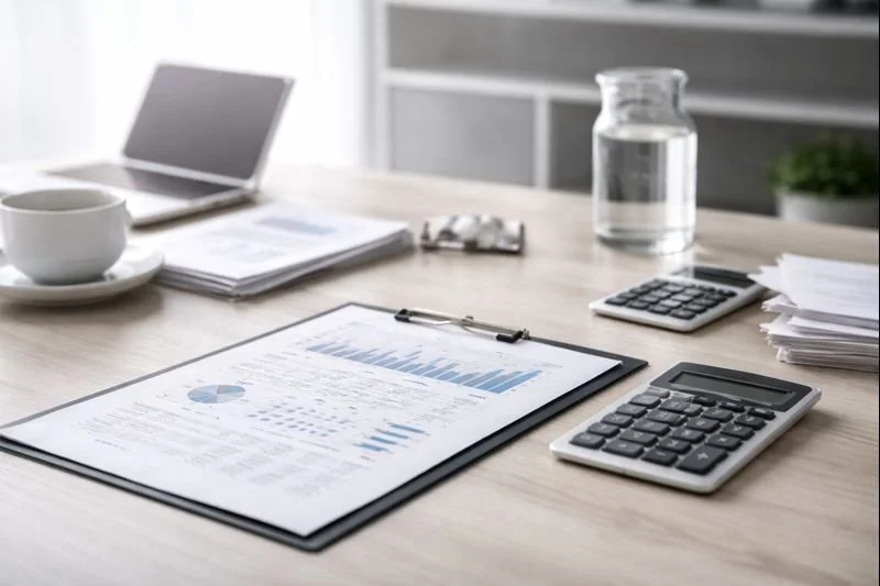 Office desk with financial documents, calculators, a pen, a laptop, a cup of coffee, a glass of water, and a stack of papers.