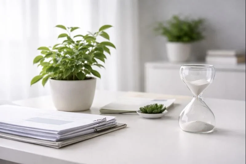 Desk with potted plants, papers, a notebook, and an hourglass in a bright room.