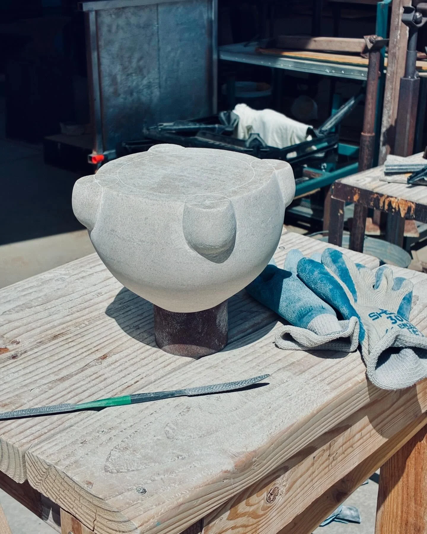 As materials (clay, wood, stone, paint) have their own personalities, tools do too. Today I became friends with the Riffler, a steel file to help smooth &amp; shape curves &amp; hard to reach areas. She&rsquo;s getting there (Indiana Limestone, hand 