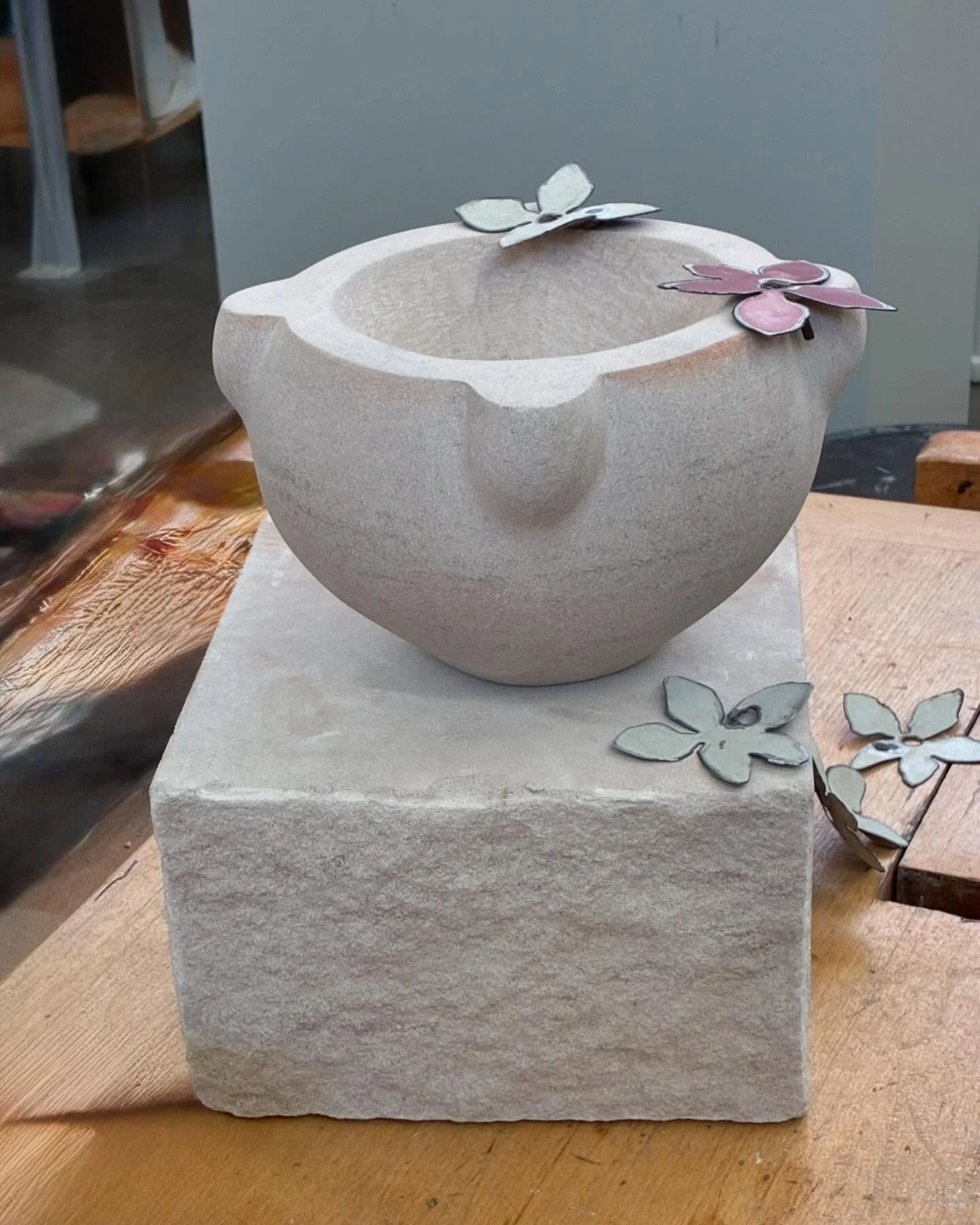 Mortaio # 1 (because I know there will be more!) &ldquo;Transformation&rdquo;, 5&rdquo; x 7.5&rdquo; x 3&rdquo;, hand chiseled Indiana Limestone with found metal flowers from the college metal shop scrap bin &amp; generously finished by Jorge. Sits o