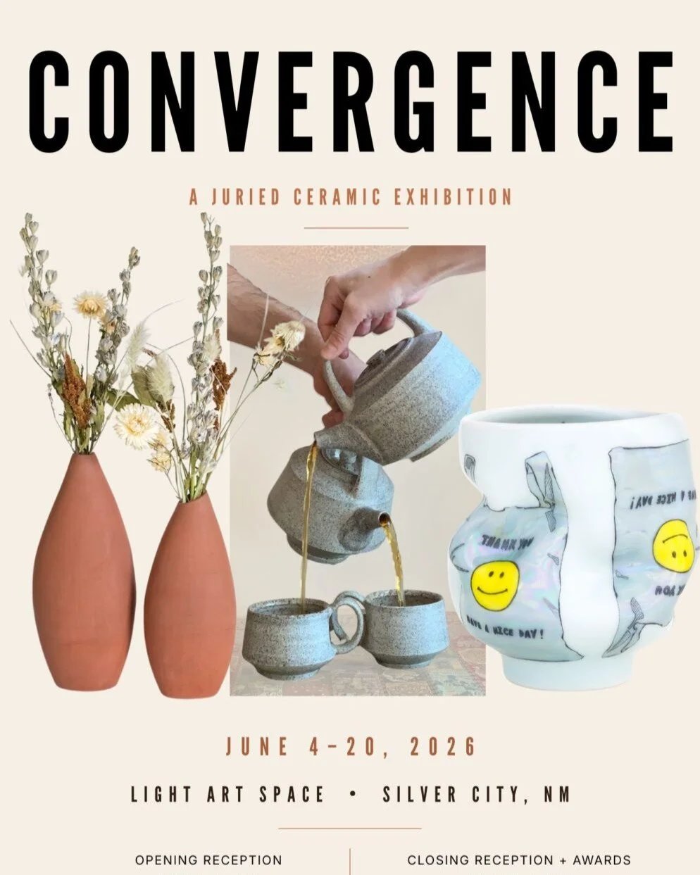 Opens Today ! June 4 - 20 at Light Art Space Gallery, Silver City NM, in historic downtown, as part of the Silver City Clay Festival !! 

CONVERGENCE celebrates the moment where varied perspectives, forms, &amp; materials come together in one shared 