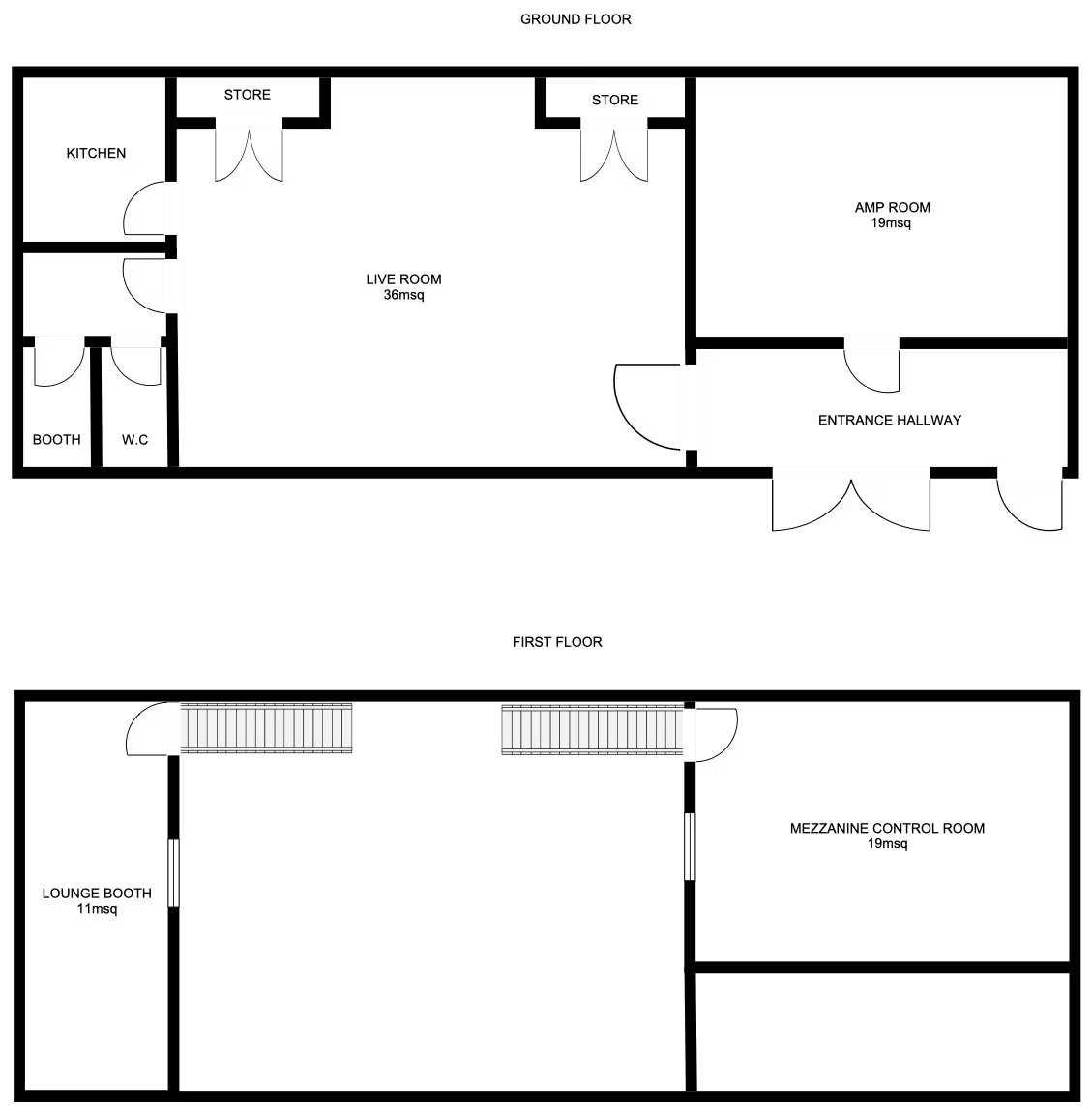 Studio floorplan showing live room, control room, and isolation spaces.