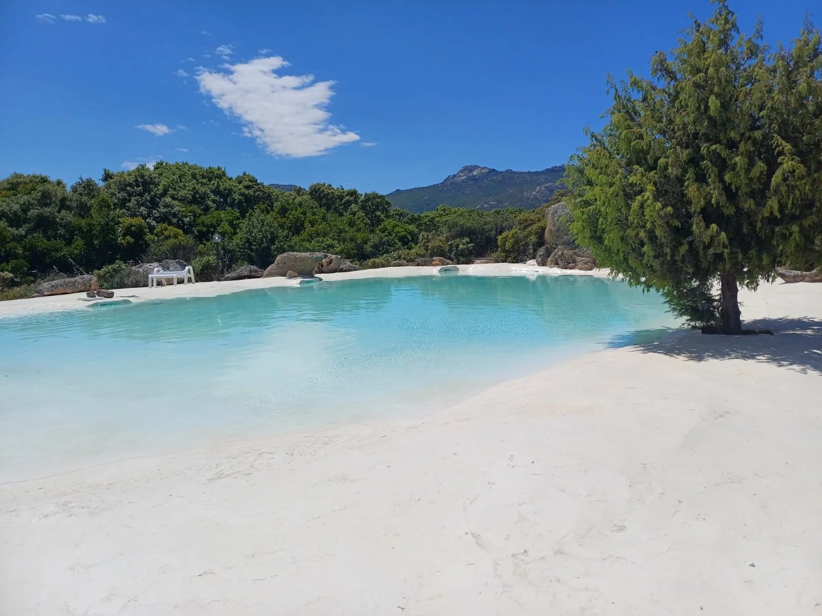 Spiaggia con sabbia bianca, un albero verde sulla destra, un laghetto o piscina naturale e un cielo blu con alcune nuvole