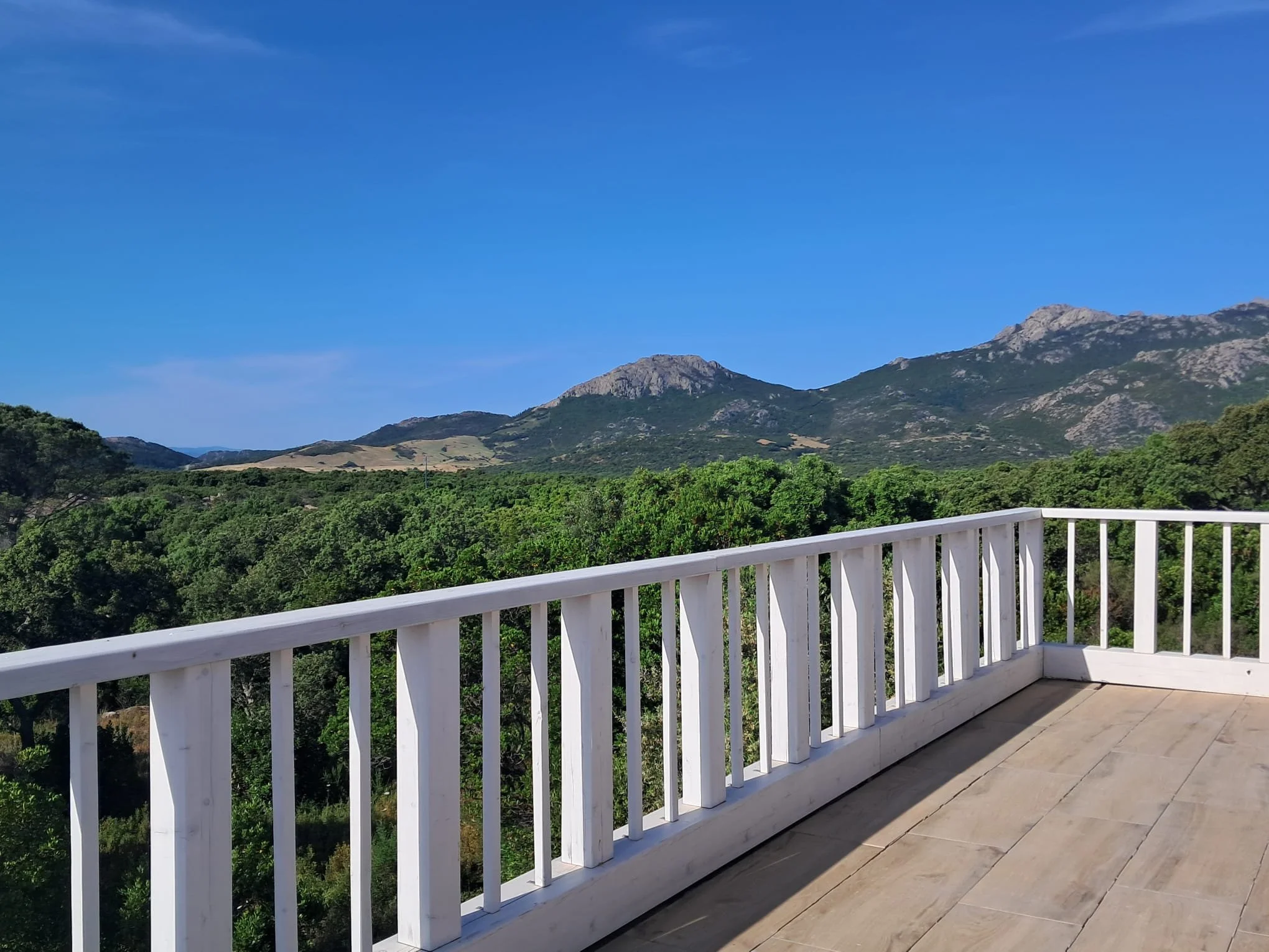 Balcone con ringhiera bianca che guarda un paesaggio montano con cielo sereno e vegetazione verde.