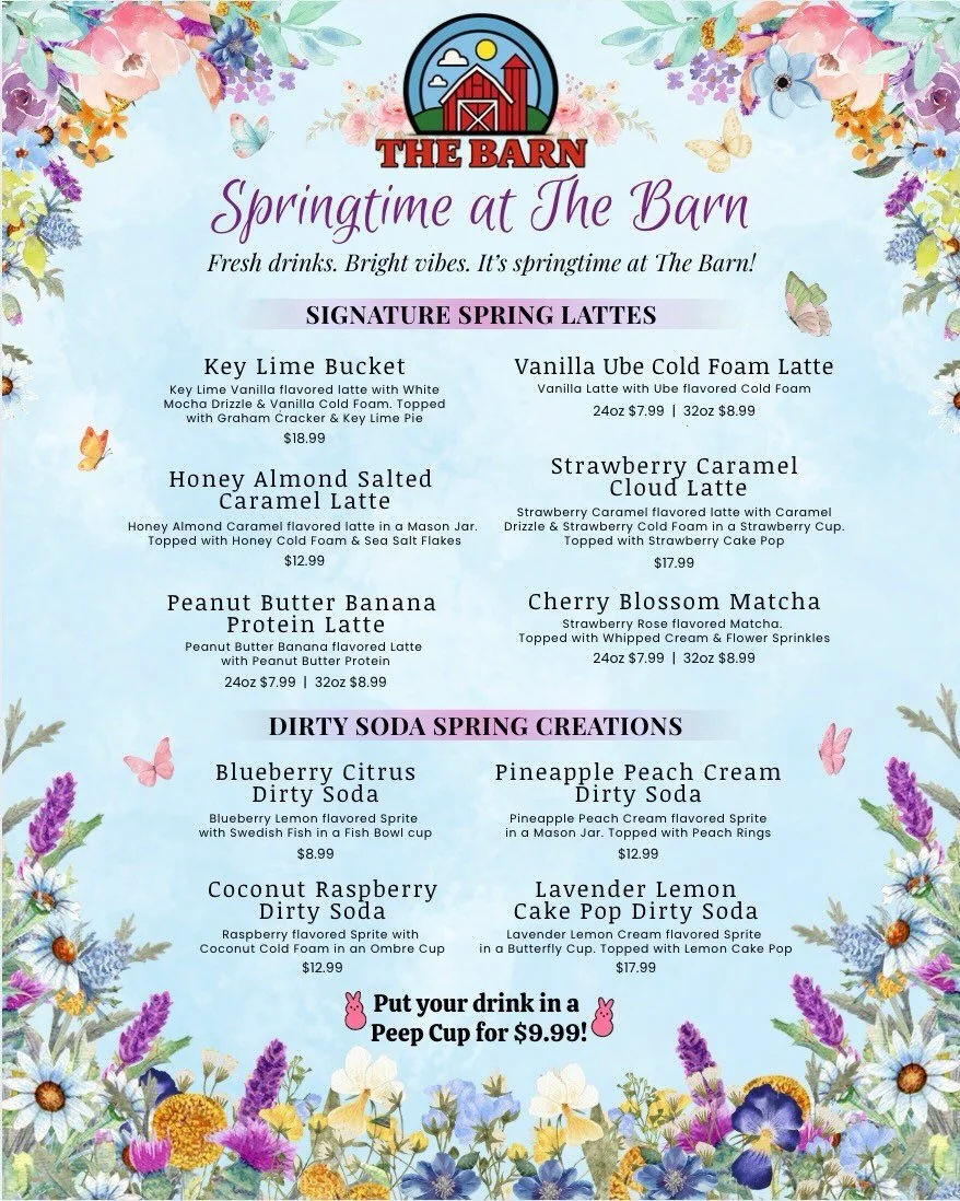 Spring just landed @thebarnlongisland 🐄🌸

New menu. Fresh flavors. Over-the-top as always.

From our Strawberry Caramel Cloud Latte 🍓☁️
to the Key Lime Bucket 🍋🪣
to Dirty Sodas that taste like spring in a cup&hellip;

Come sip the season 🌼

📍A