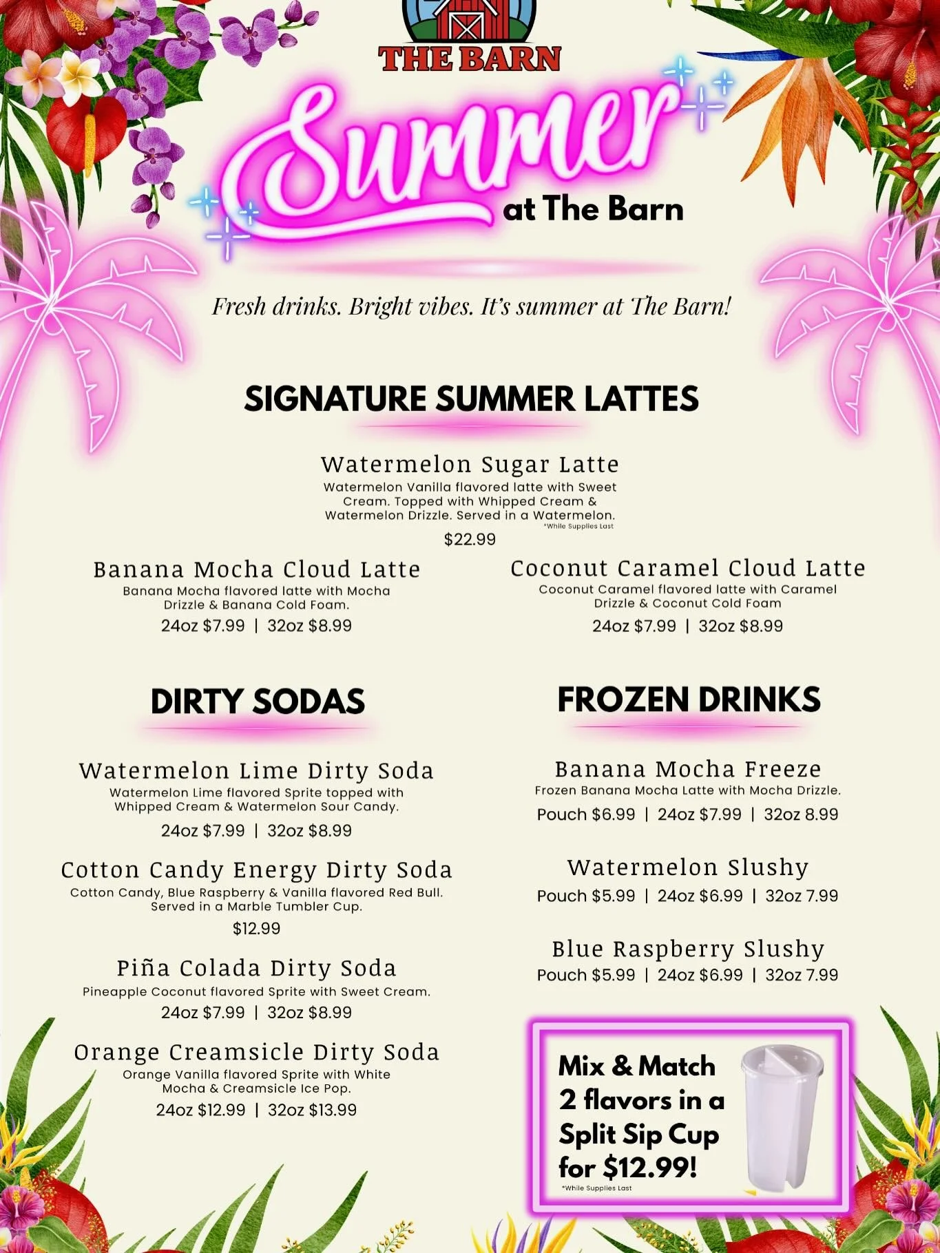 Grab your favorite. Try something new. 
☀️Summer at @thebarnlongisland starts now 🤍

This menu was made for beach days, late nights &amp; Long Island Summers ☀️🌴✨

From watermelon lattes served in real watermelons 🍉 (while supplies last) to dirty 