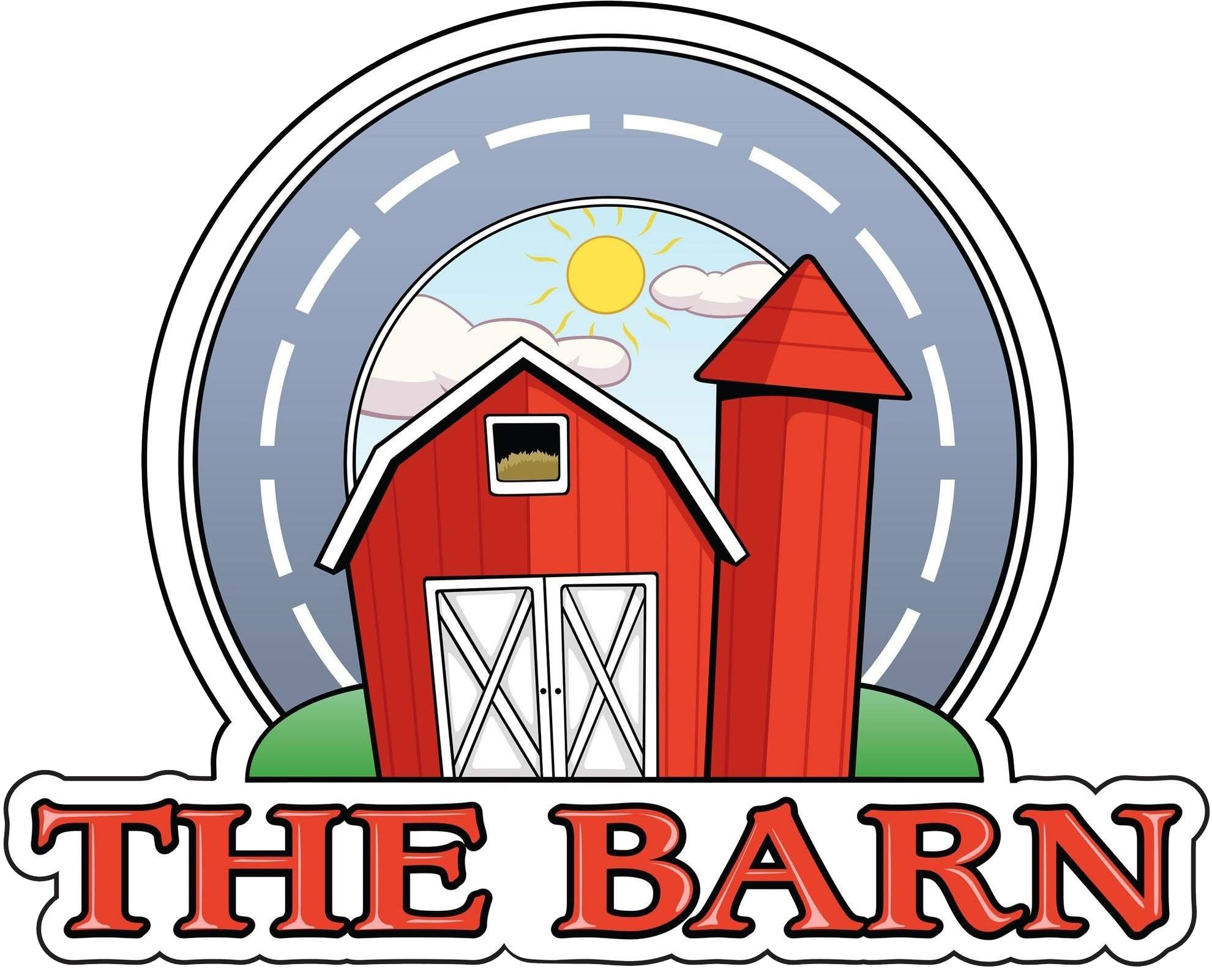 A red barn with white doors and a tall red silo against a sky with the sun, clouds, and sunlight. The text 'THE BARN' is below the image.
