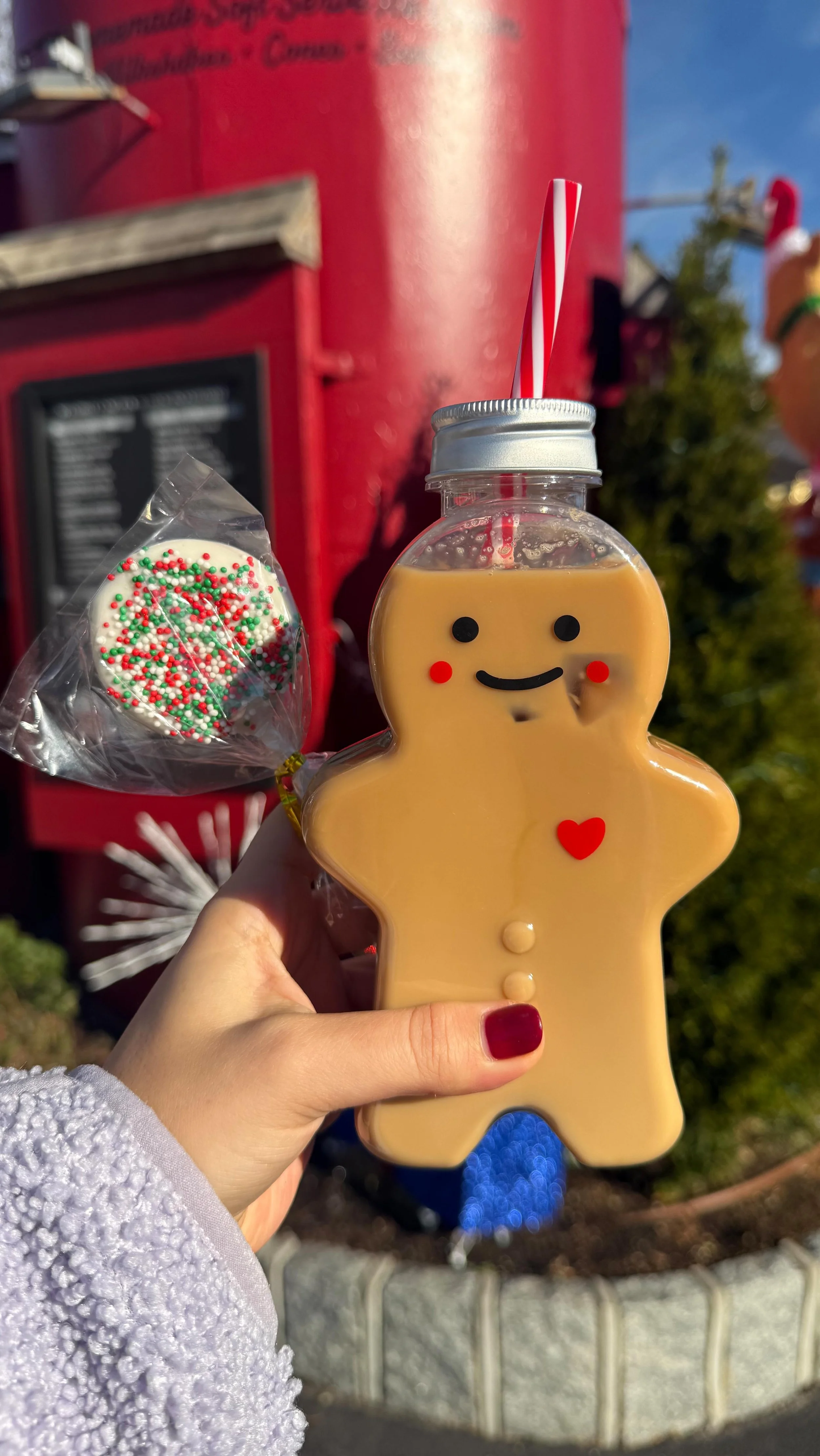 A gingerbread man-shaped cookie with a smiling face, red cheeks, and a red heart on its chest, is held in front of a background featuring a red mailbox and Christmas decoration. The cookie has a straw in its head and a small pack of festive sprinkles attached.