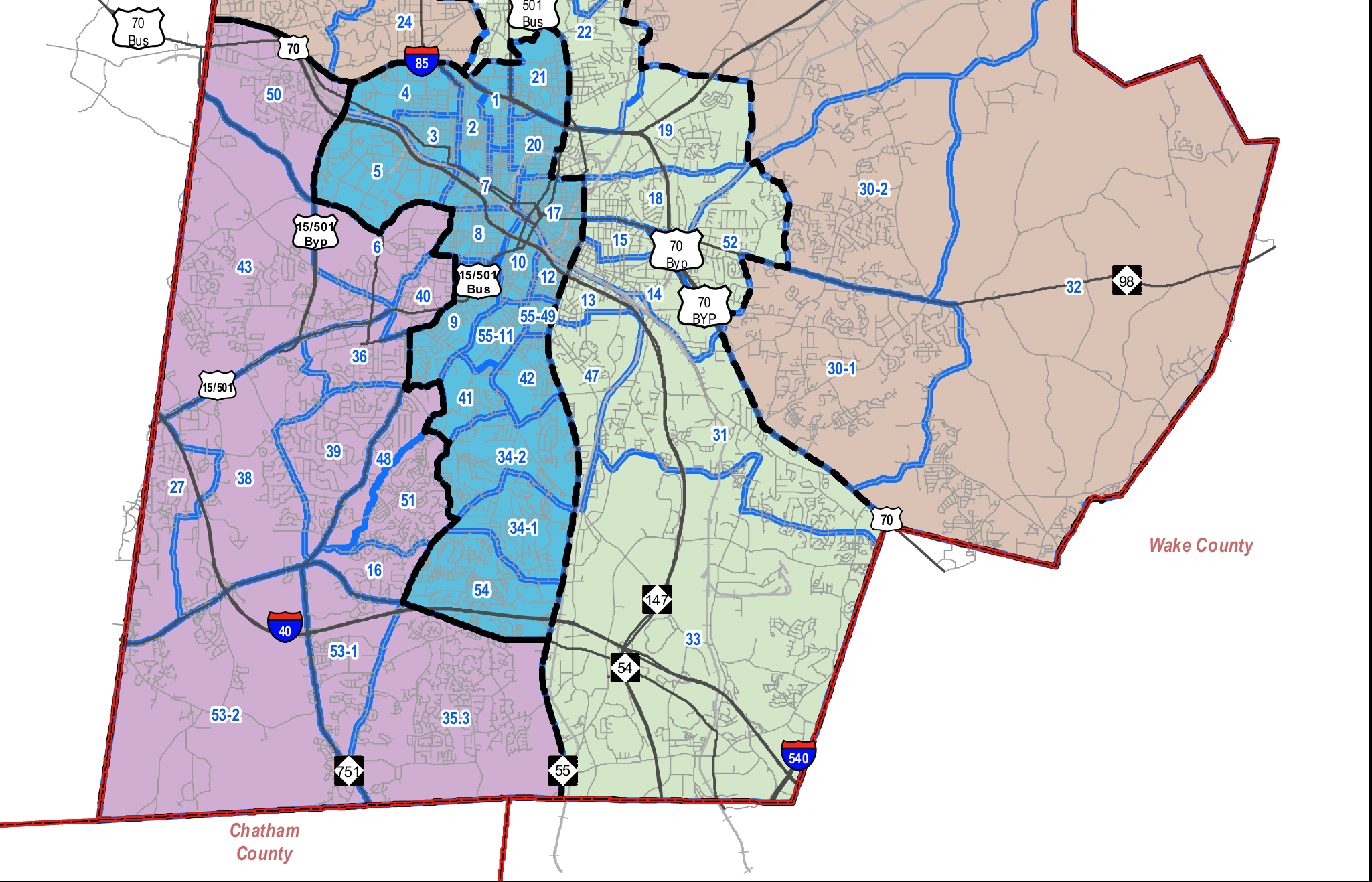 A map of Durham County North Carolina, showing various districts with boundaries, roads, and highways, including labels for roads such as I-85, I-40, I-540, US 70, and US 147, with color-coded districts marked with numbers.