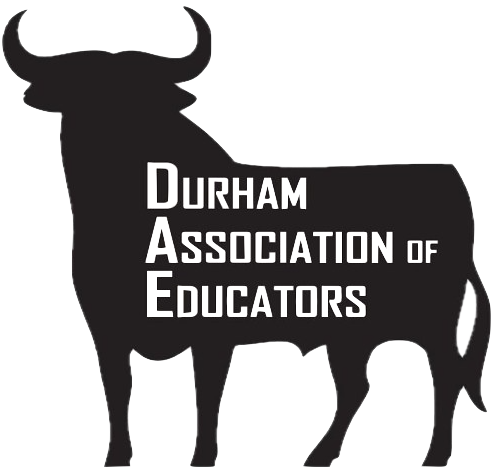 Durham Association of Educators written in white all caps on a solid black bull icon