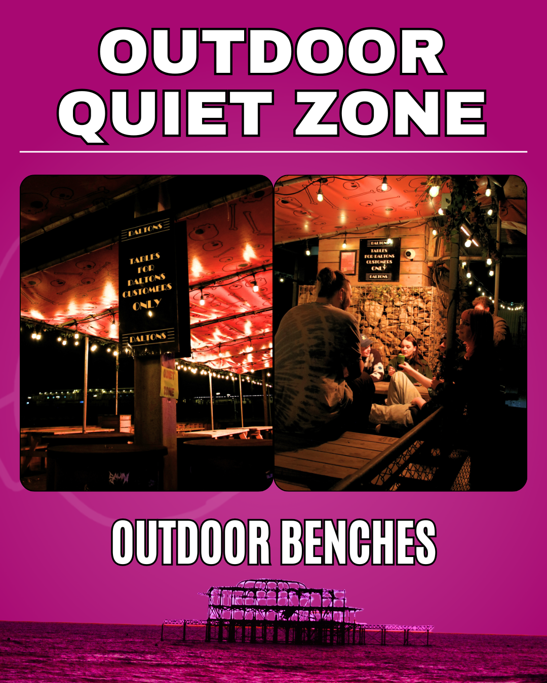 Sign indicating outdoor quiet zone with images of Dalton's outdoor benches.