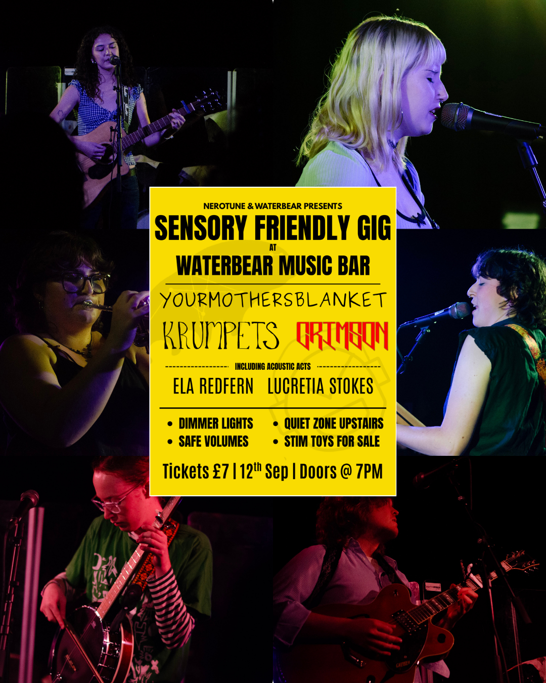 Poster for the Waterbear music bar sensory friendly gig with 6 images of the acts performing on stage in the background.