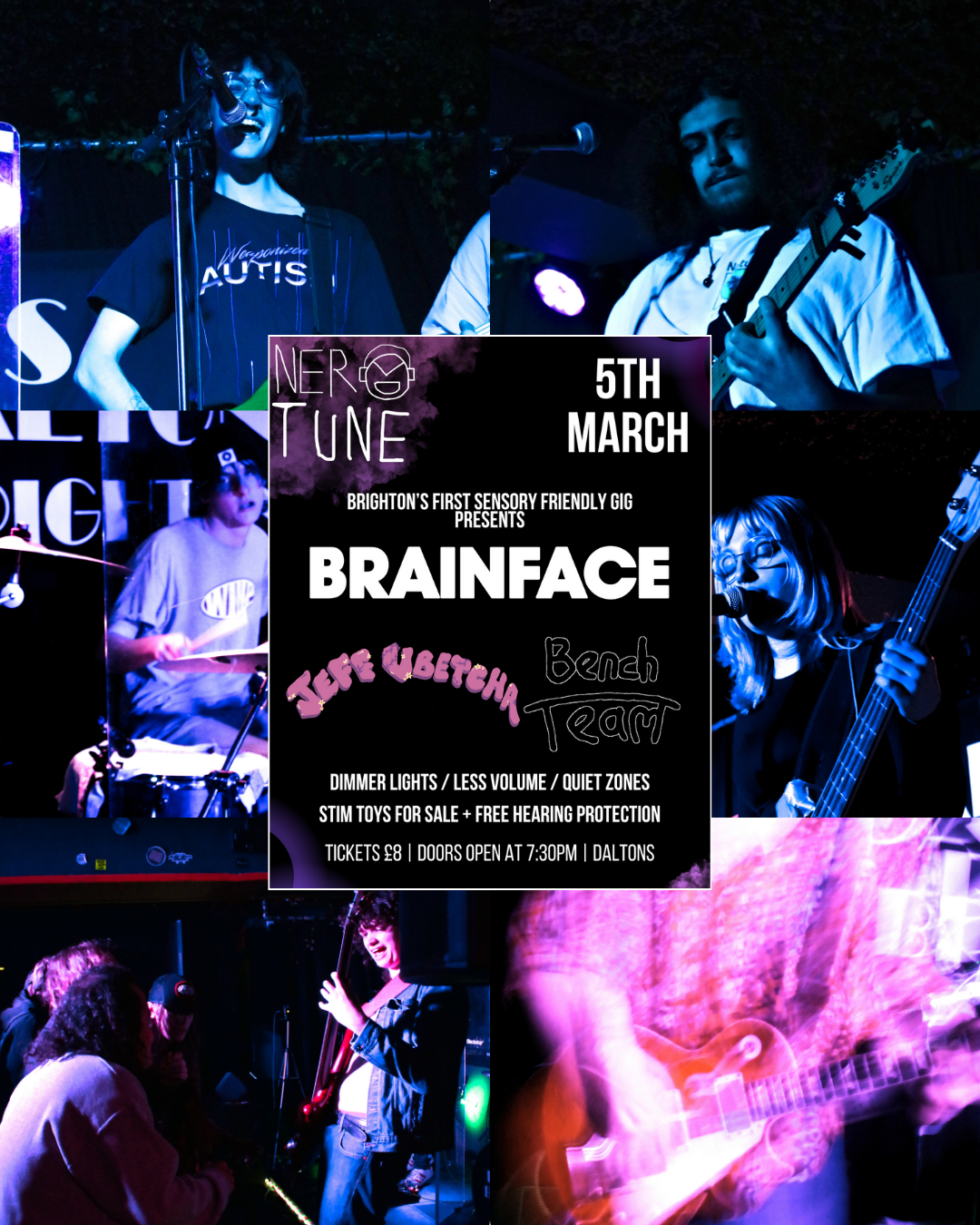 Poster for the first sensory friendly gig with 6 images of the acts performing on stage in the background.