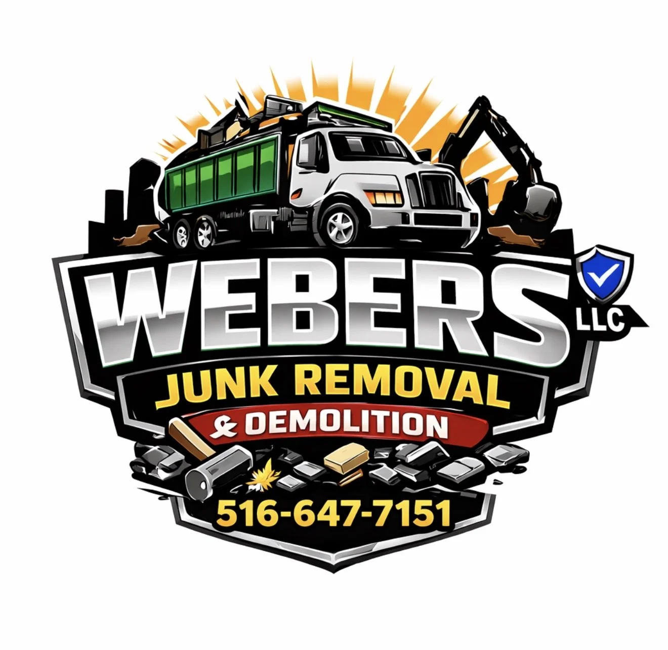 Logo for Webers LLC Junk Removal and Demolition with a truck, construction equipment, and debris, along with company contact information.