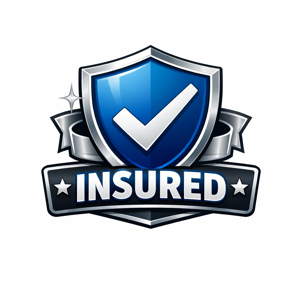 A badge featuring a shield with a check mark and the word 'INSURED' underneath.