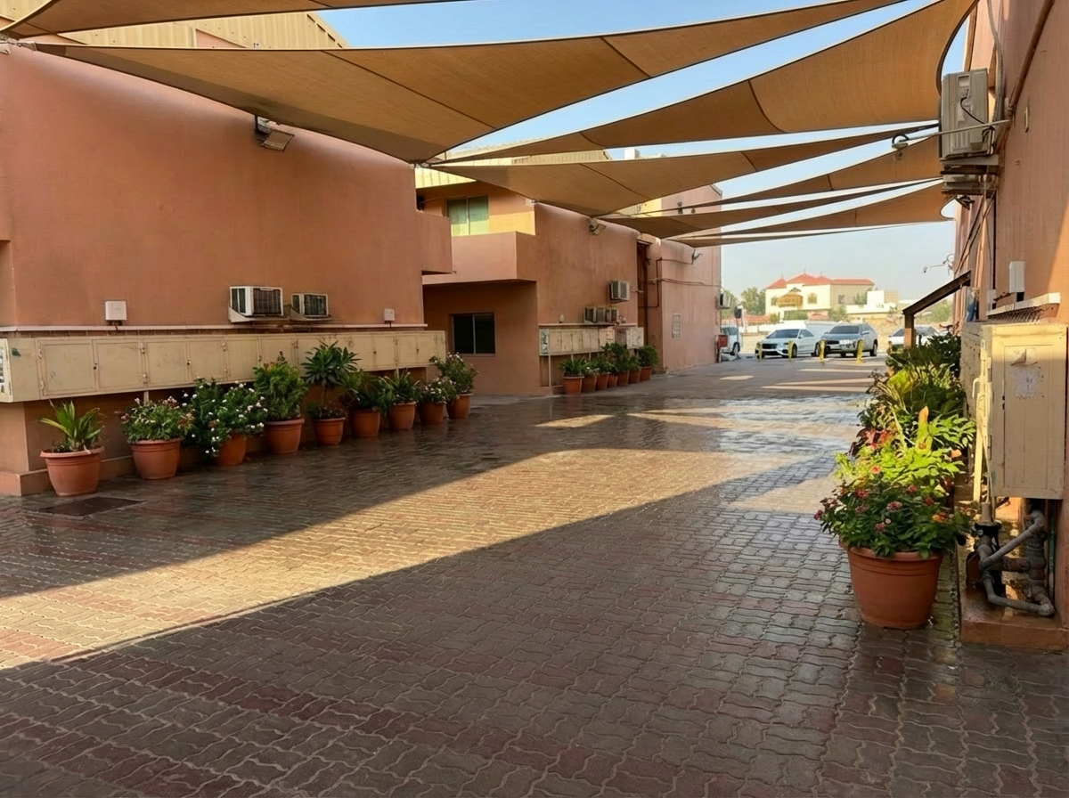 Main residential entrance to NDYT apartments in Al Jurf, Ajman, featuring a wide, clean driveway and professional shaded pedestrian walkways.
