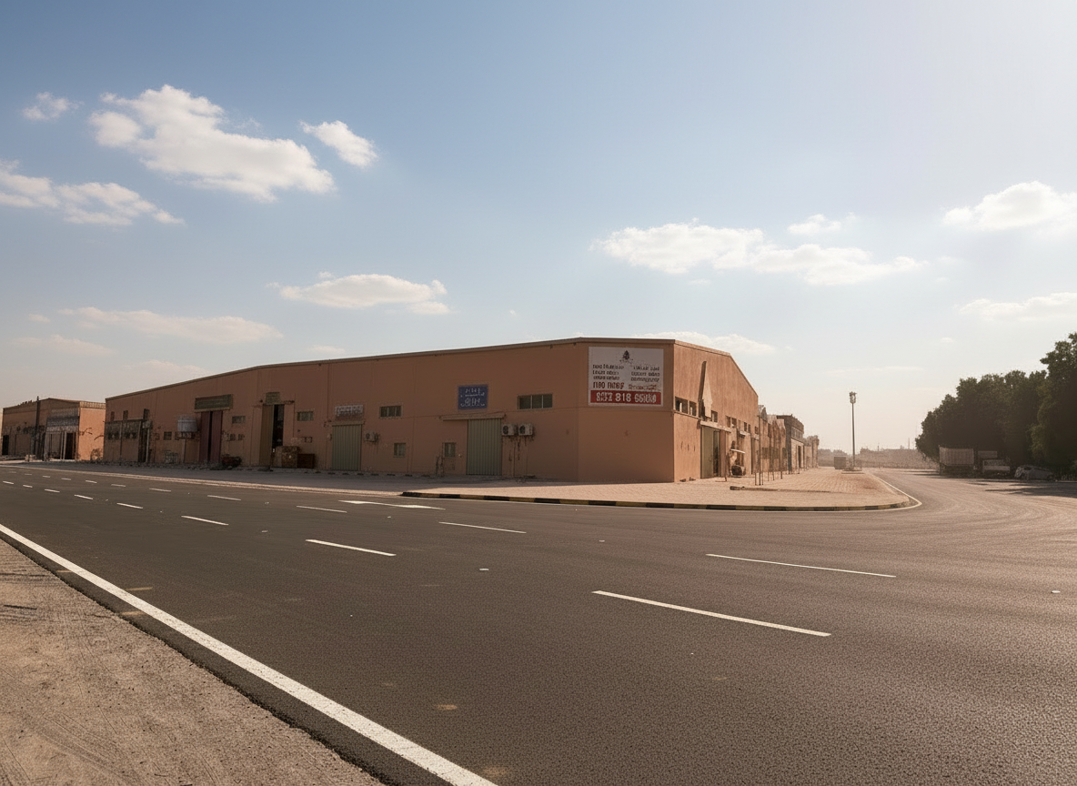 Corner view of a premium industrial warehouse in Al Jurf 1, Ajman, with wide paved roads designed for easy 40ft trailer access and heavy logistics.