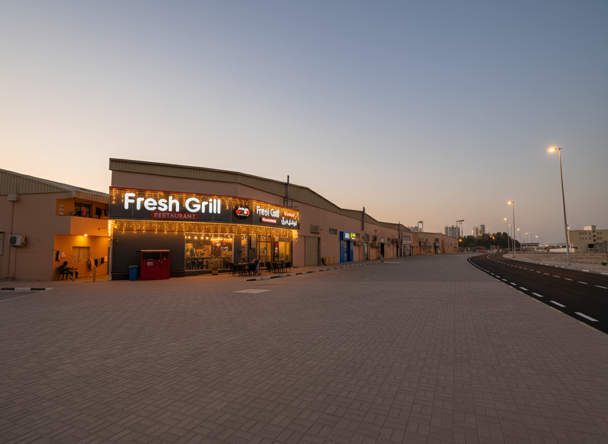 NDYT Facilities Management staff accommodation area located next to local restaurants and essential supermarkets in Ajman.