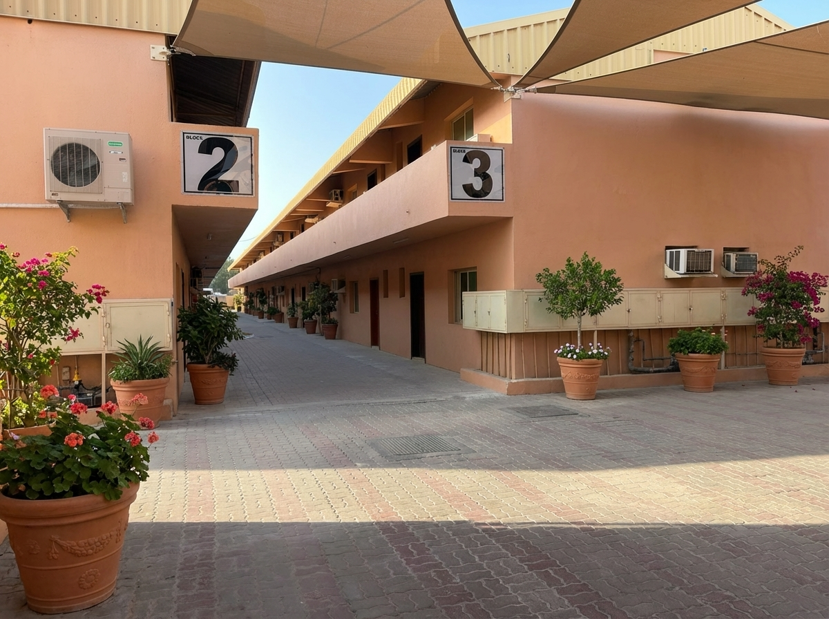 غرف نوم واسعة ومشرقة في سكن عمال NDYT في عجمان تتميز بأرضيات رخامية ومعايير نظافة مؤسسية عالية