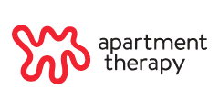 Logo for apartment therapy with a red squiggly line and black text