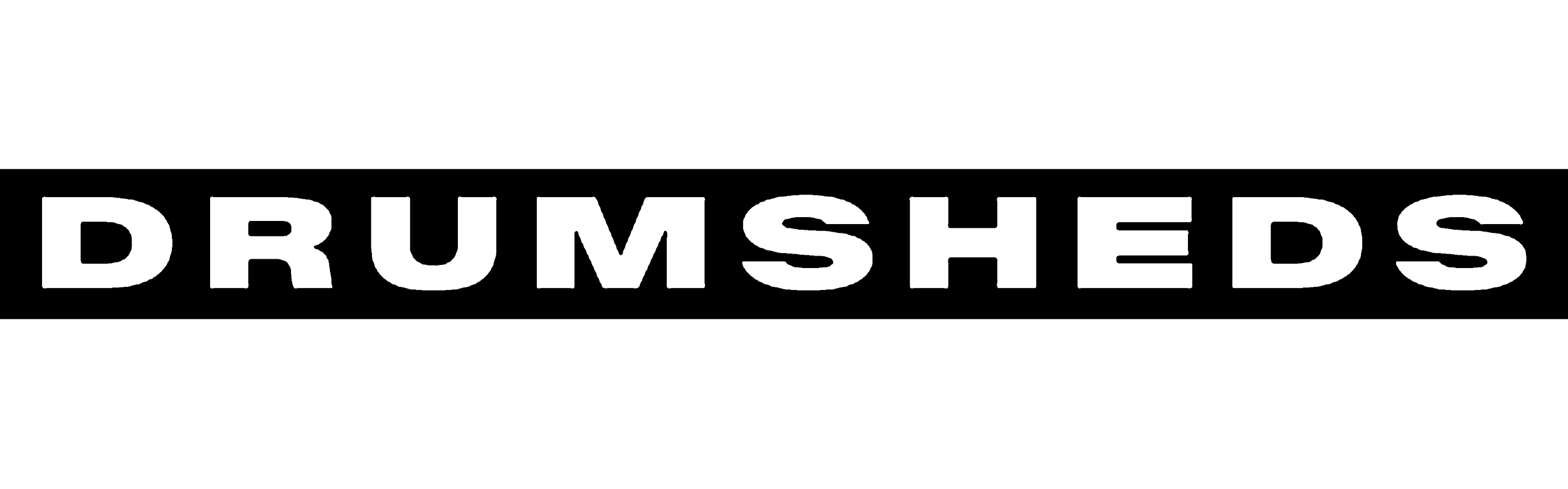 Neon sign that reads 'DRUM SHEDS' in black outlined letters on a black background.