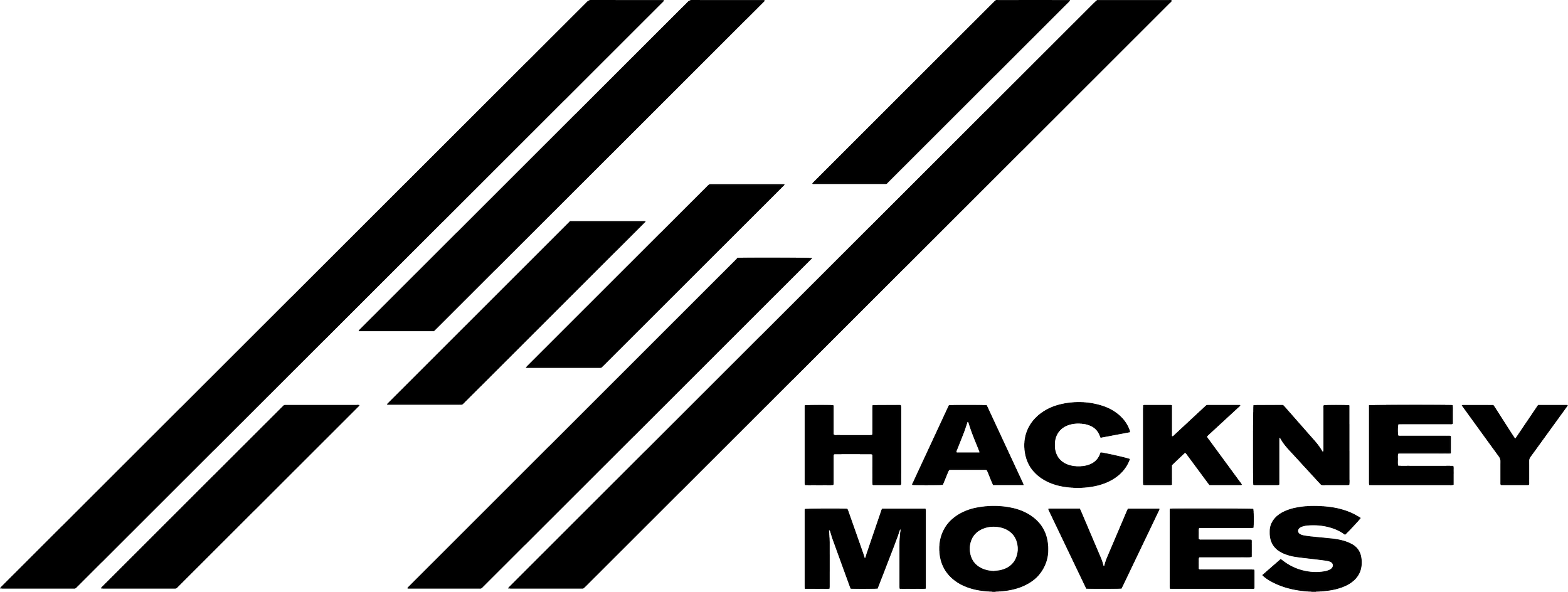 Black and white logo of Hackney Moves with diagonal lines and geometric shapes.
