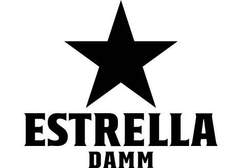 A large black star above the words 'Estrella Damm' in bold black letters.