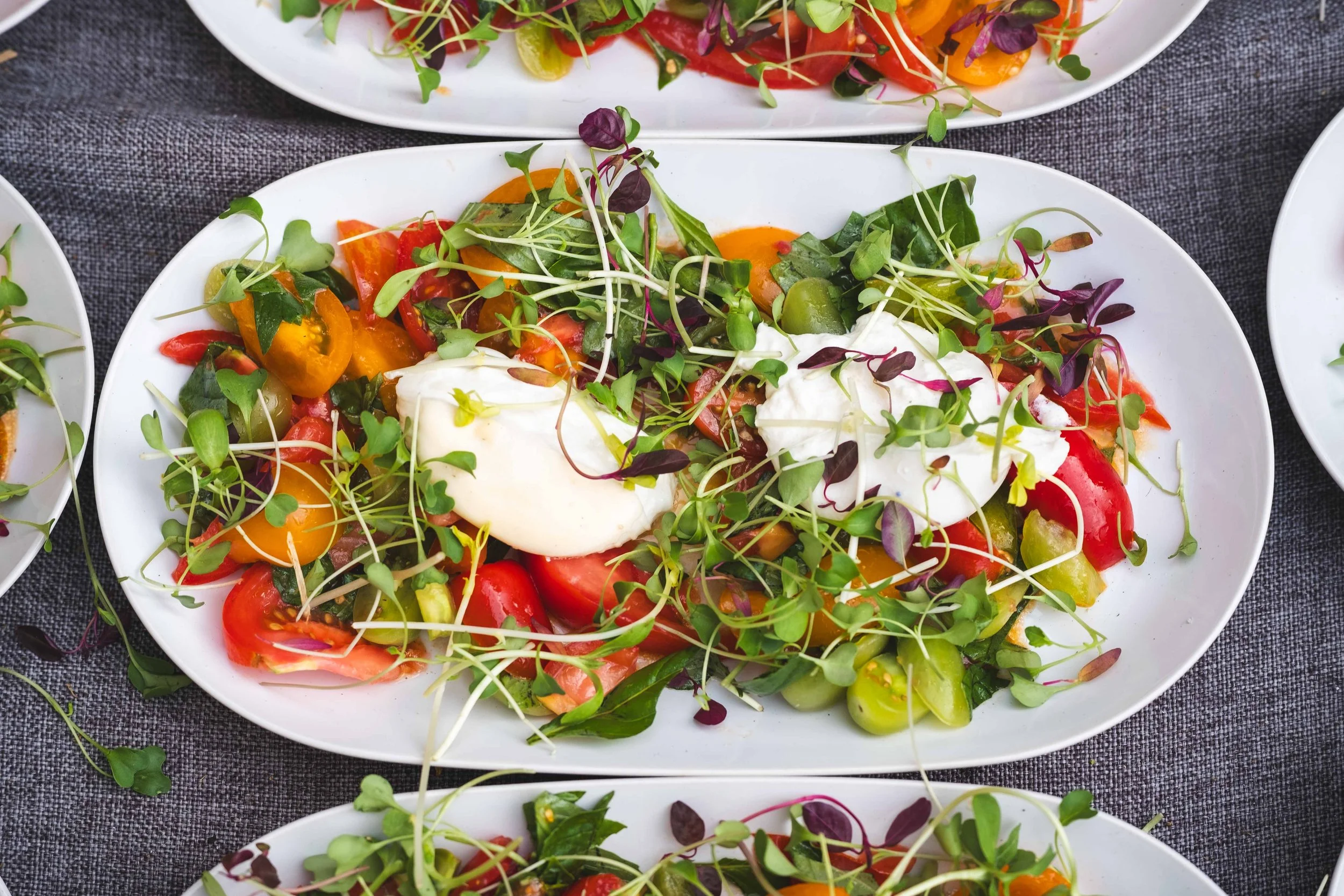 Colorful vegetable salad with cherry tomatoes, microgreens, and dollops of white cheese or sour cream on white oval plates.