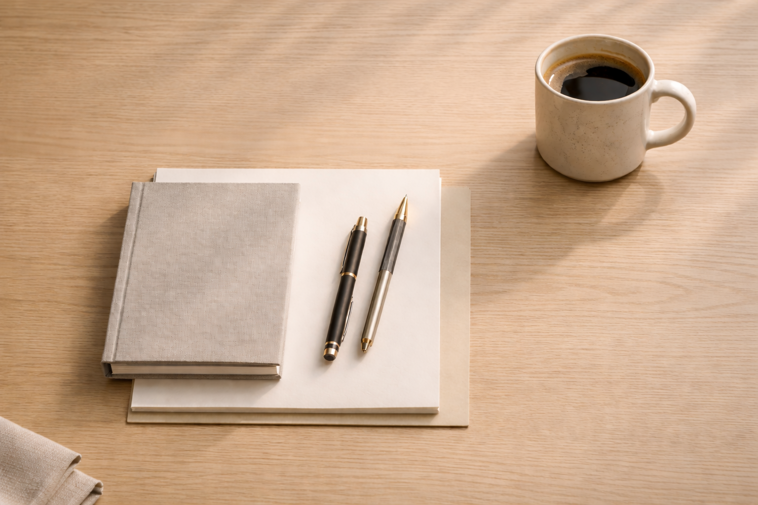 A wooden desk with a closed gray book, a stack of blank papers, two pens, and a mug of black coffee.