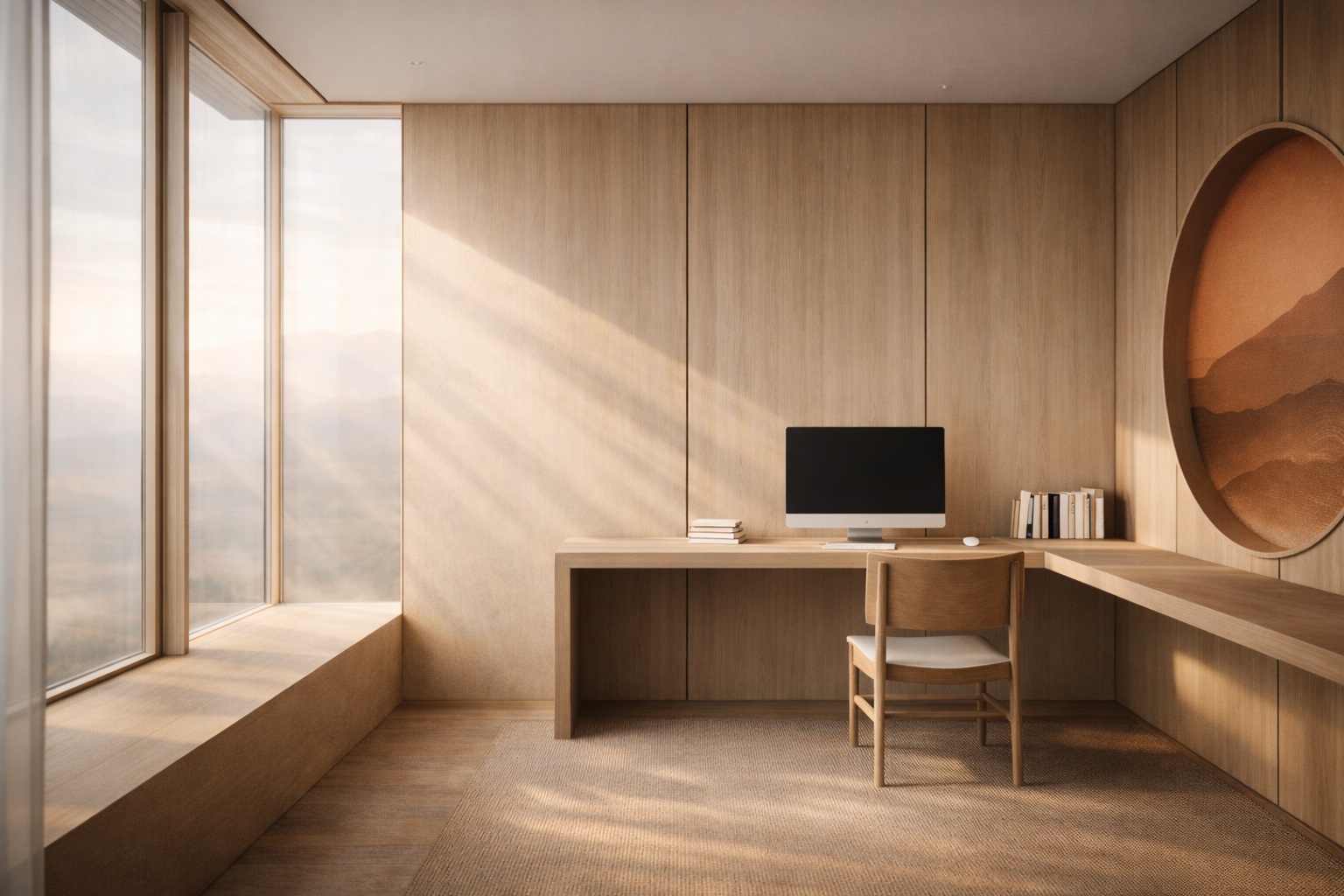A minimalist wooden home office with a large window, a desk with a computer monitor, a small stack of books, a chair, and a built-in shelf with more books and artwork.