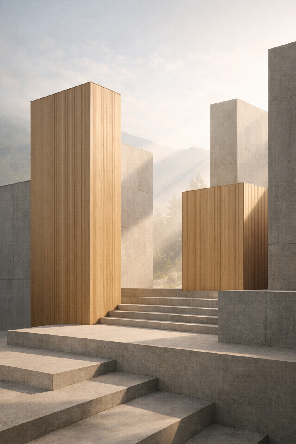 Modern architectural structures with tall, rectangular wooden and concrete blocks, steps in the foreground, and a mountainside with trees in the background, bathed in soft sunlight.