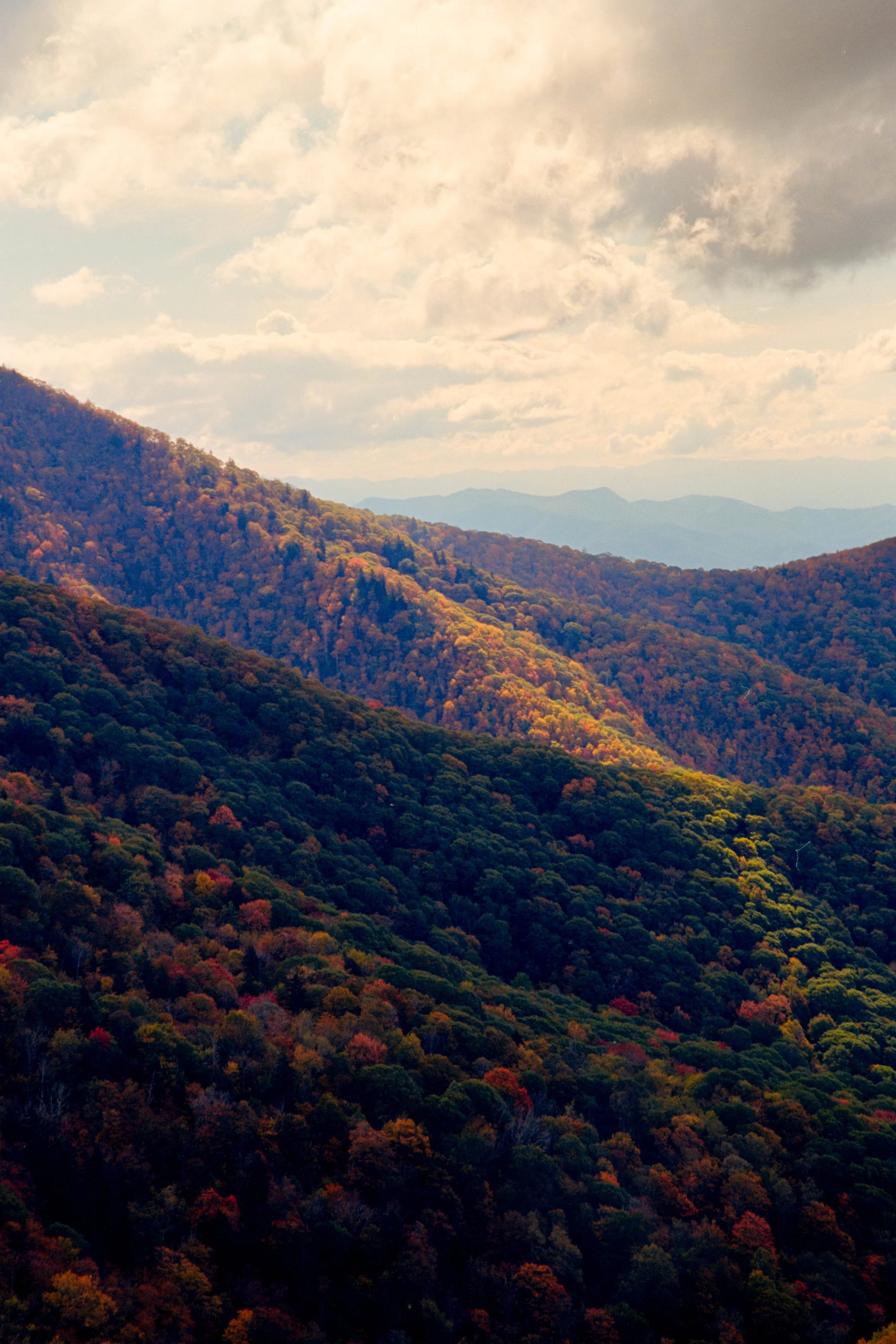 Scenic mountain landscape with rolling mountains covered in autumn trees and a cloudy sky.