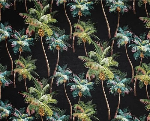 Pattern of tropical palm trees with green, yellow, and teal fronds on a black background.