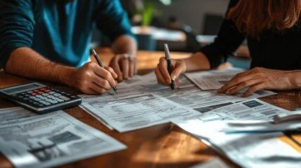 Two people working on financial documents at a desk, using pens and a calculator.