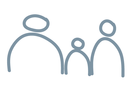 Line drawing of three people, including two adults and one child, holding hands.