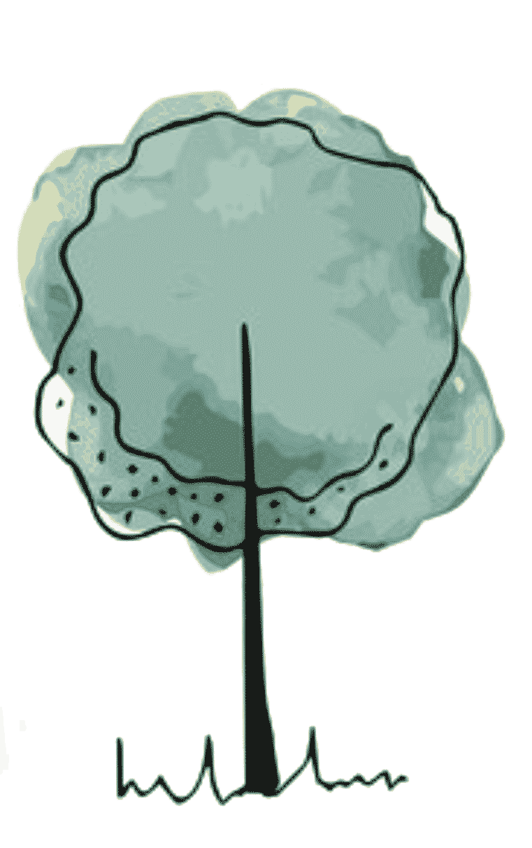 A stylized illustration of a tree with a heart-shaped canopy, a thin trunk, and a line resembling a heartbeat or ECG at the base.