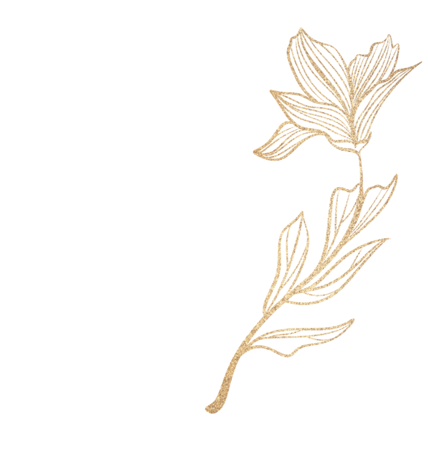 Gold floral illustration on black background.
