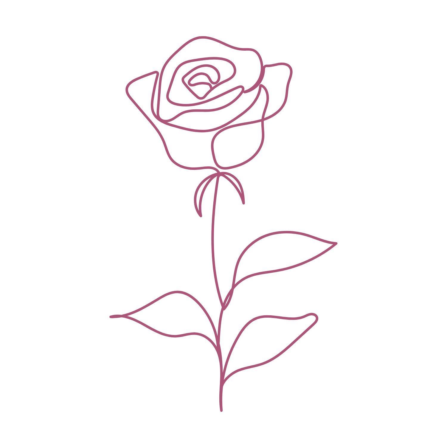 Line drawing of a rose flower with leaves